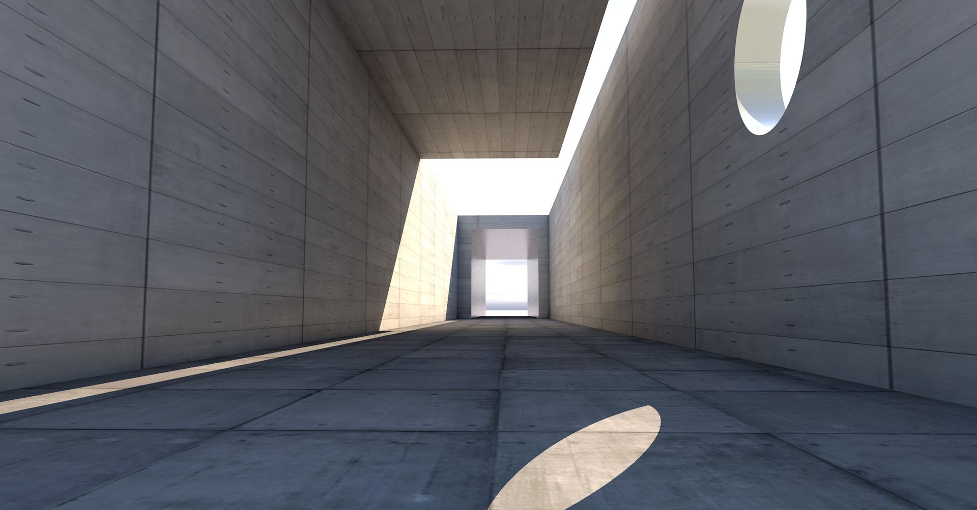 Concrete passage with dramatic light and shadow
