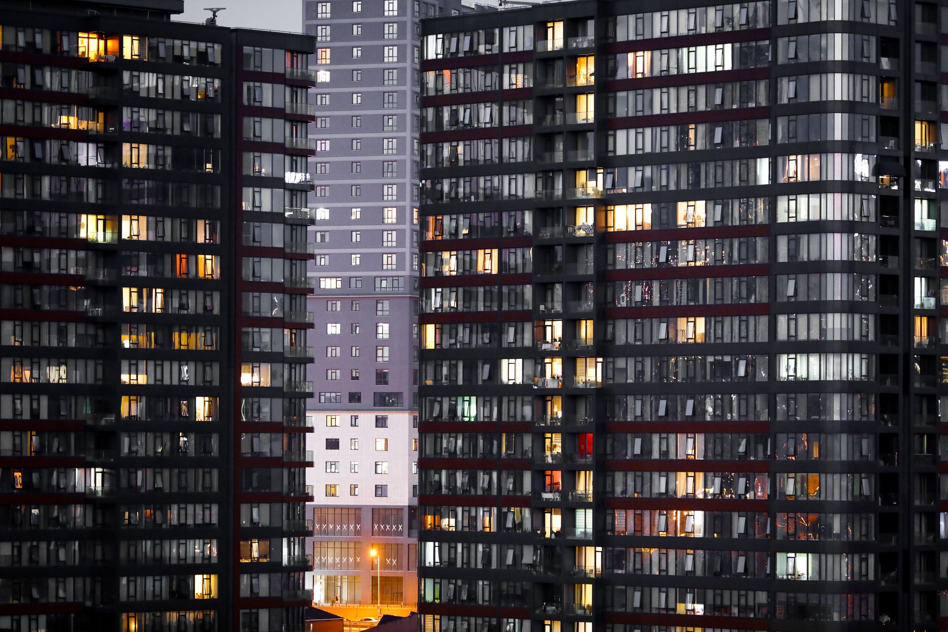 High-rise glass facades at twilight