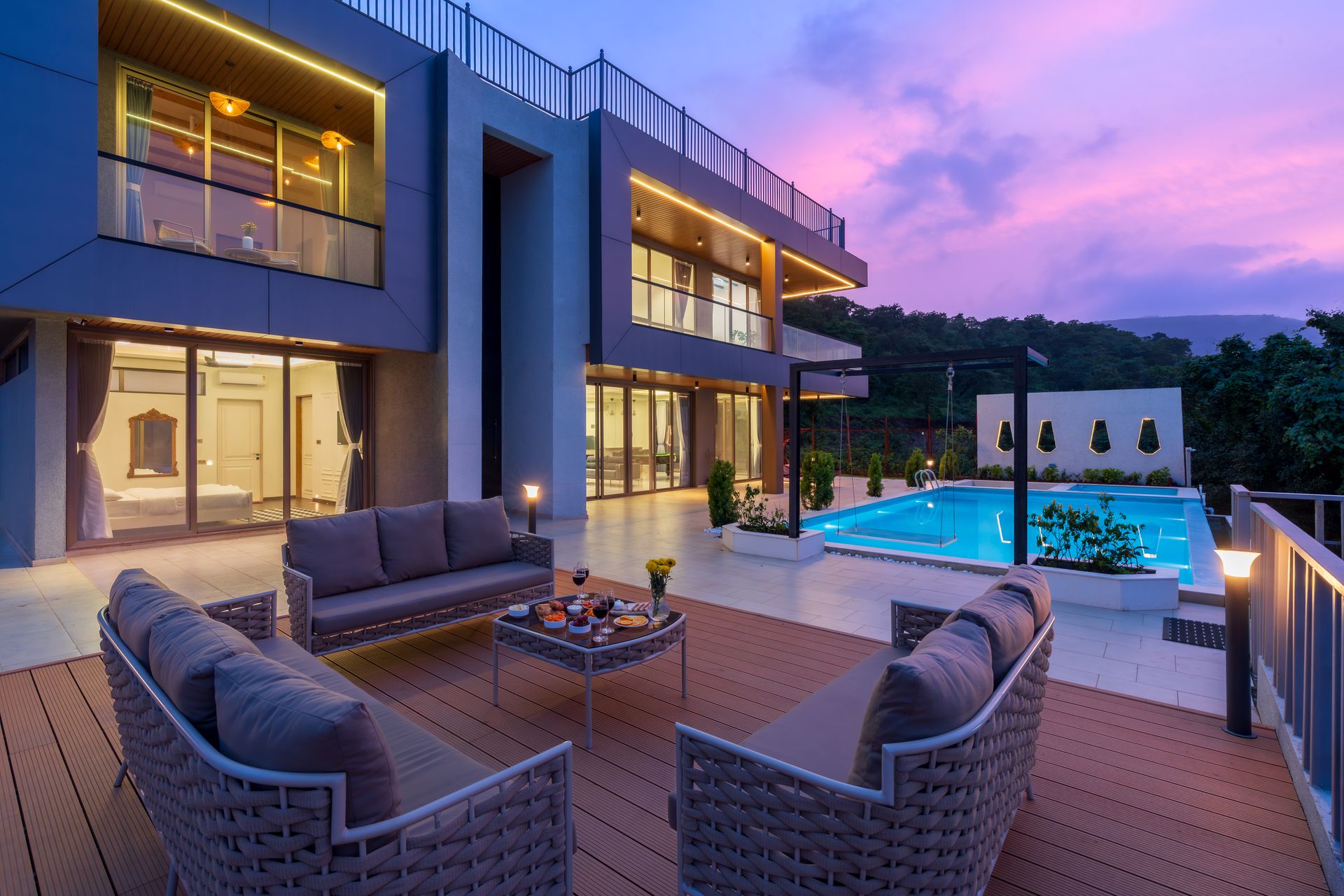 Luxury villa with pool at sunset